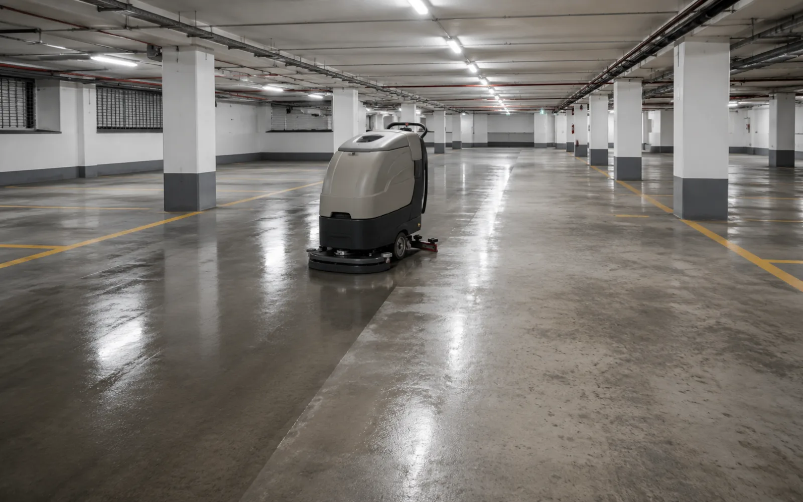 Saubere Wiener Tiefgarage mit Industrie-Bodenmaschine in Aktion
